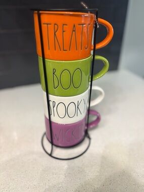 Rea Dunn Stackable Halloween Ceramic Mug Set - Orange, Green, White, Purple